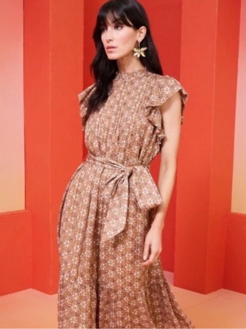 Marie Oliver Brown Floral Maxi Dress with Tie Waist